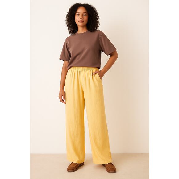 Free People Yellow Linen Blend Wide Leg Pants XL Relaxed Boho Pull On Beach - Picture 1 of 9